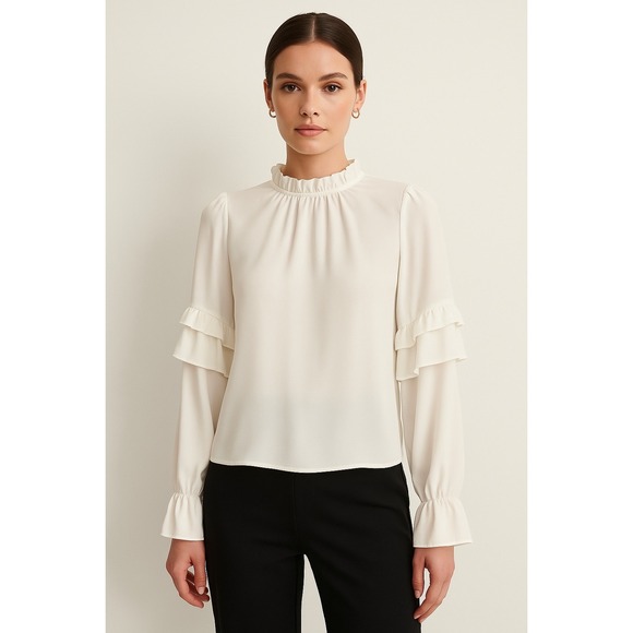 ASOS Ruffle Mock Neck Blouse Top Long Sleeve Ivory US 6 UK 10 - Picture 1 of 9